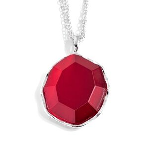 Red Oval Pendant w/ Double Silver Satillite Necklace
